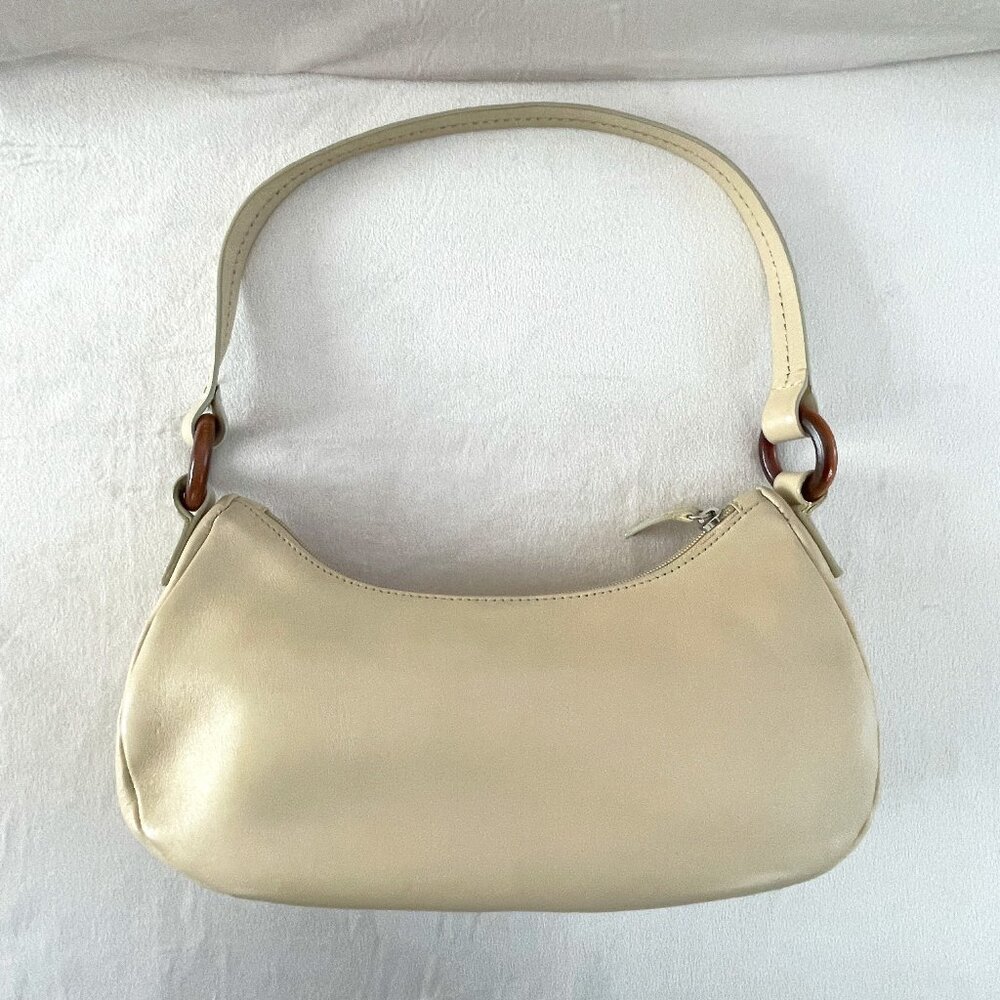Ann Taylor Loft Beige Leather Full Zip Baguette Shoulder Bag w/ Wooden Details